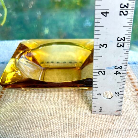 Vintage Amber Cut Glass Ashtray – 4.75” Square Mid-Century Modern - Picture 11 of 14